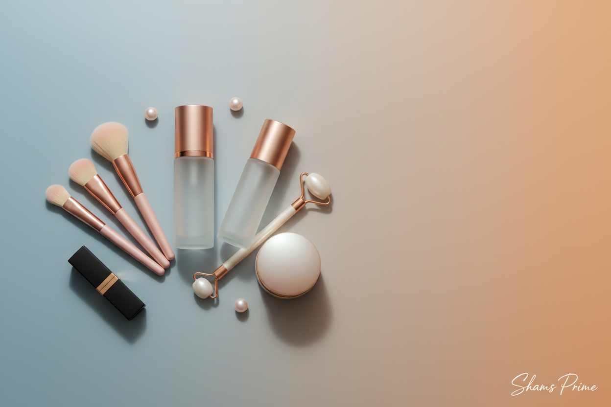 Generate a banner wich has beauty items without any brand name, use my website logo as a water mark and make it lauxery and professional to inspire customers